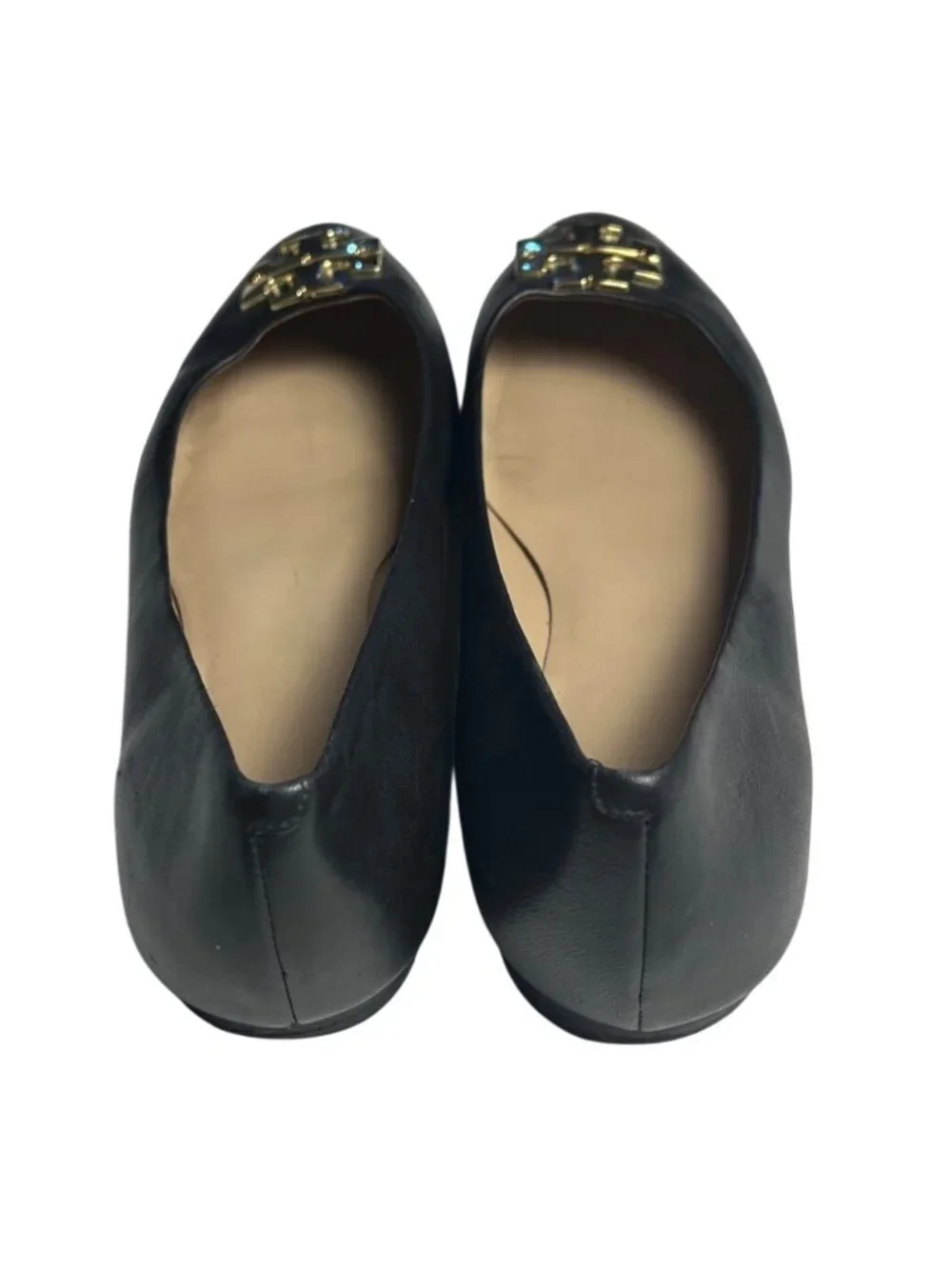 Tory Burch Black Leather Logo Ballet Flats Womens Size 8M With Gold Hardware